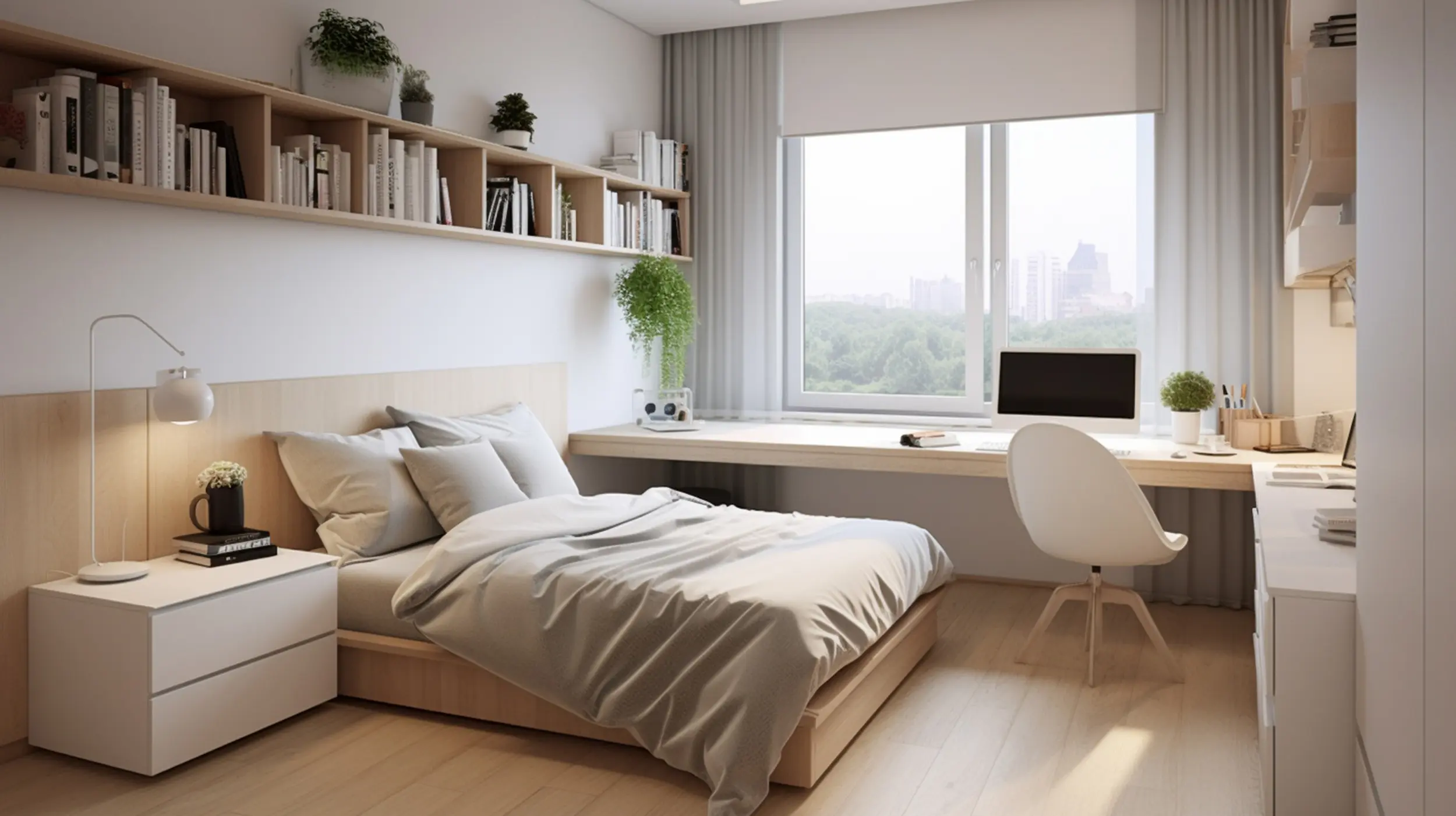 Decoracion de habitación juvenil en tonos neutros y blancos