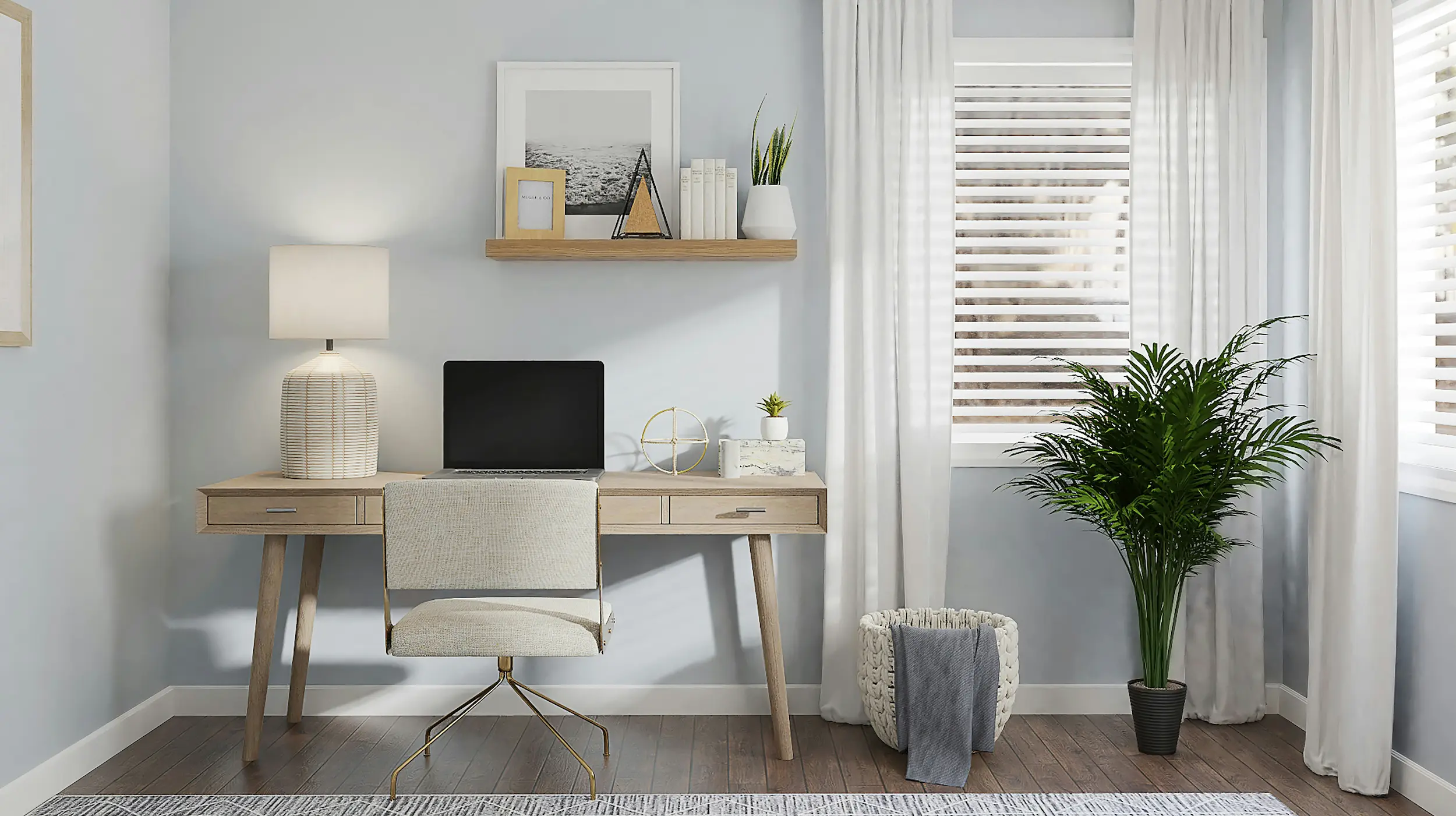 Decoración de Home Office en tonos azules y neutros