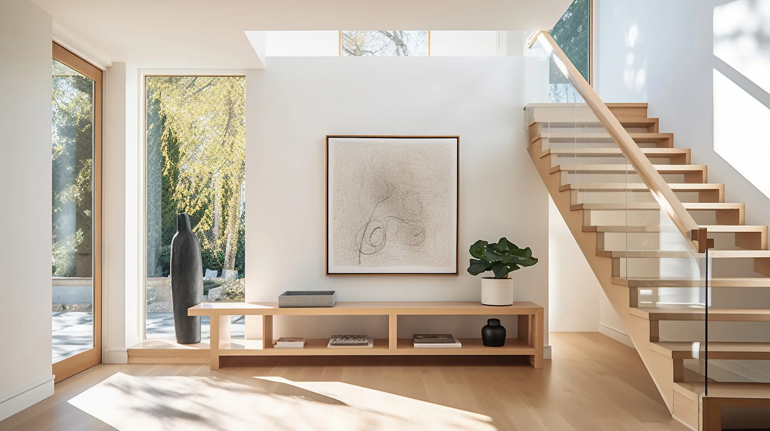 Reforma integral de una vivienda: recibidor y escalera en tonos madera y blancos