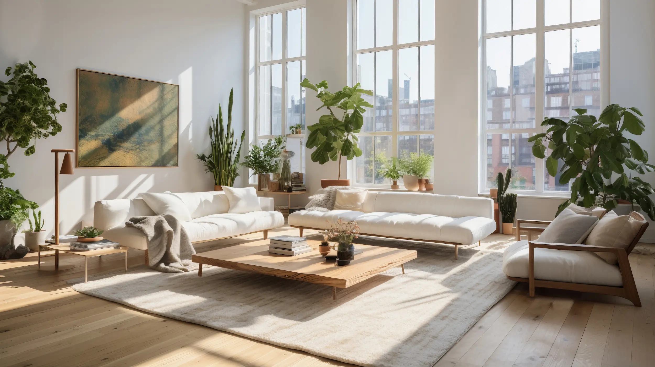 Reforma integral de una vivienda: Salón en tonos madera, blancos y verdes