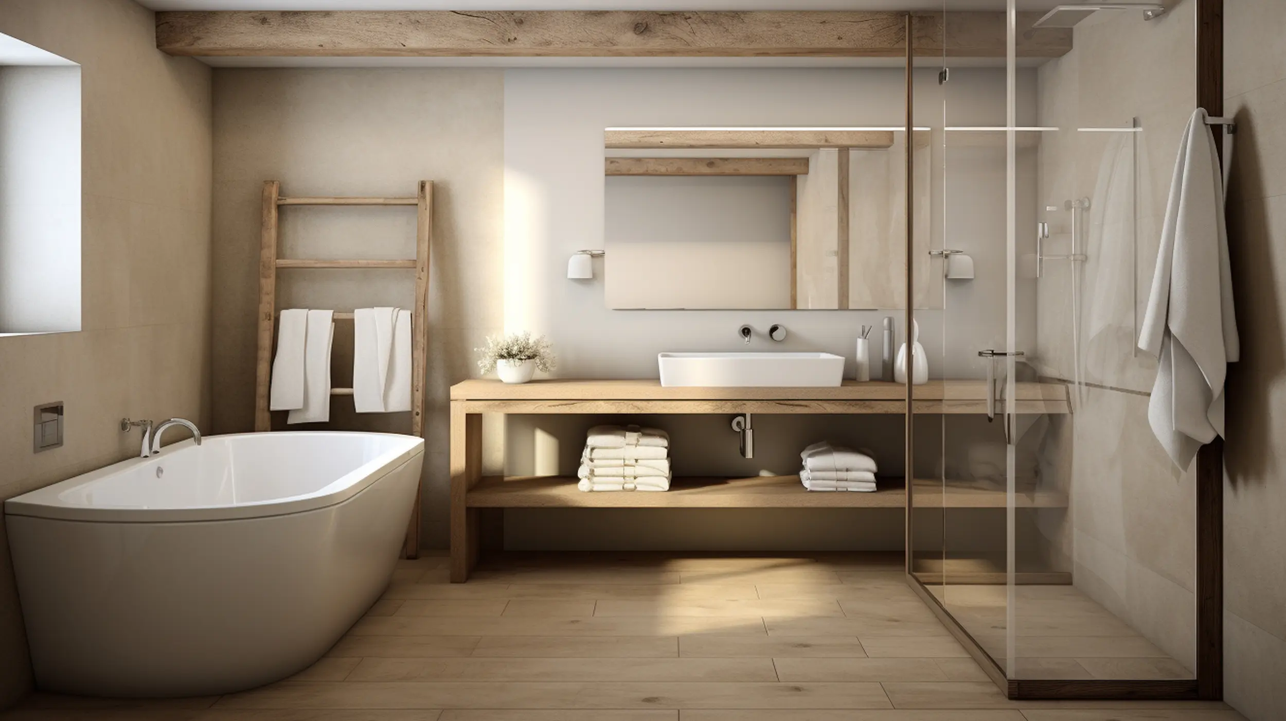 reforma parcial de un baño en tonos madera y blancos