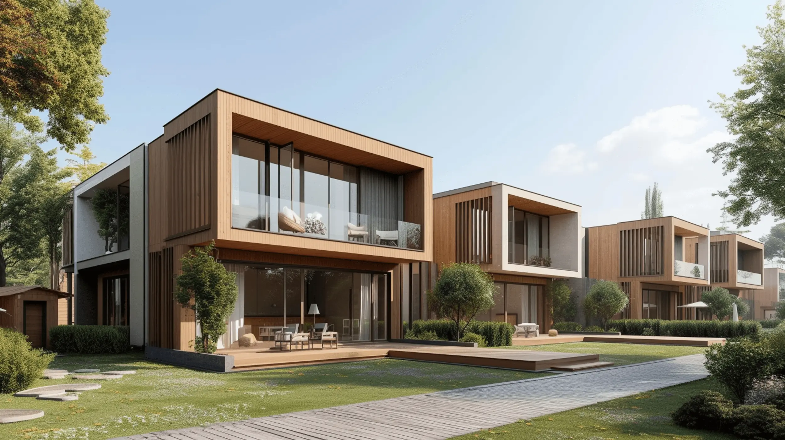 Vivienda unifamiliar en dos plantas. Fachada en Madera, cristal y pintura blanca.