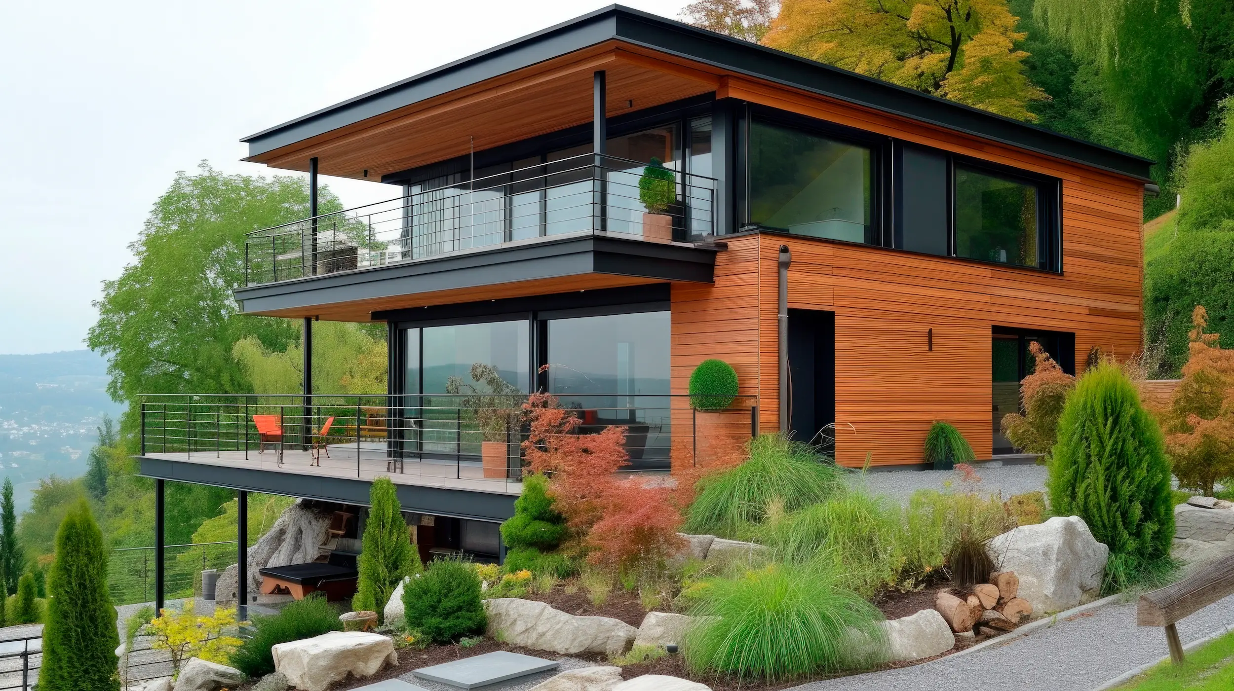 Vivienda unifamiliar en dos plantas. Fachada en madera y aluminio negro